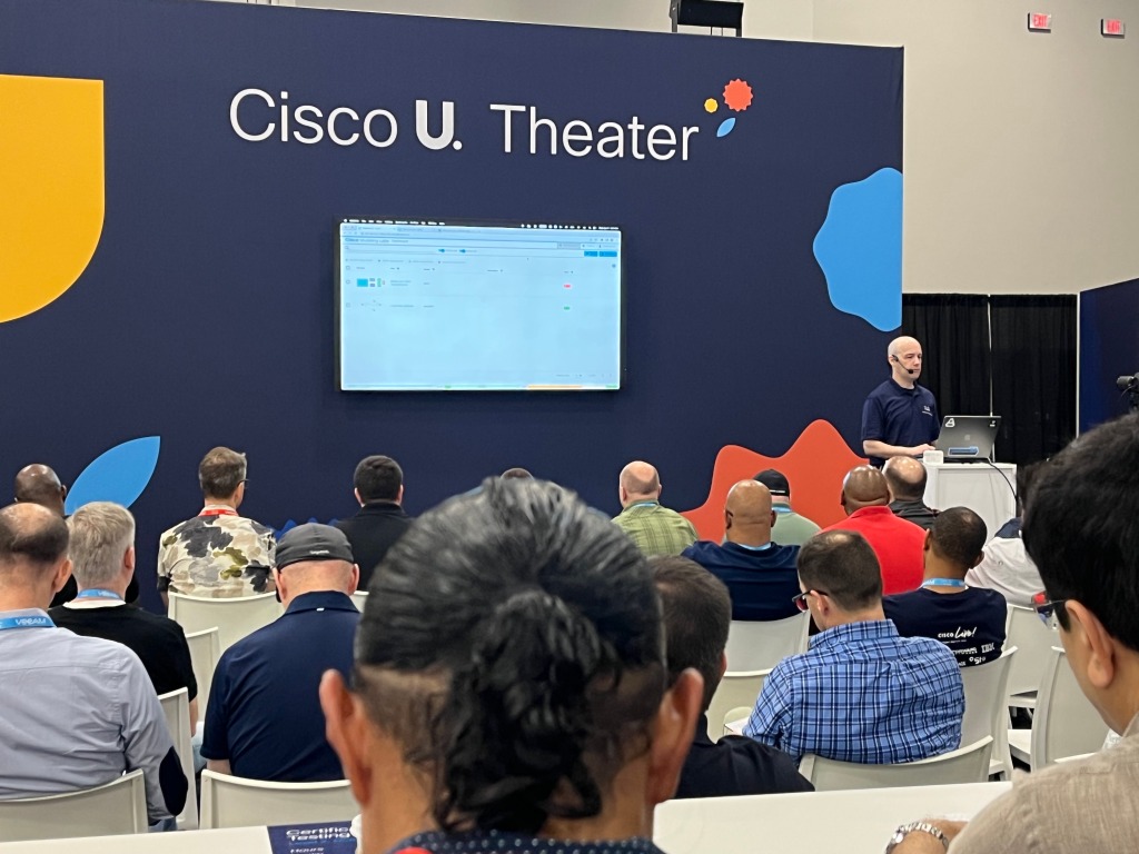 A session on Cisco Modeling Labs at the Cisco U. Theater.